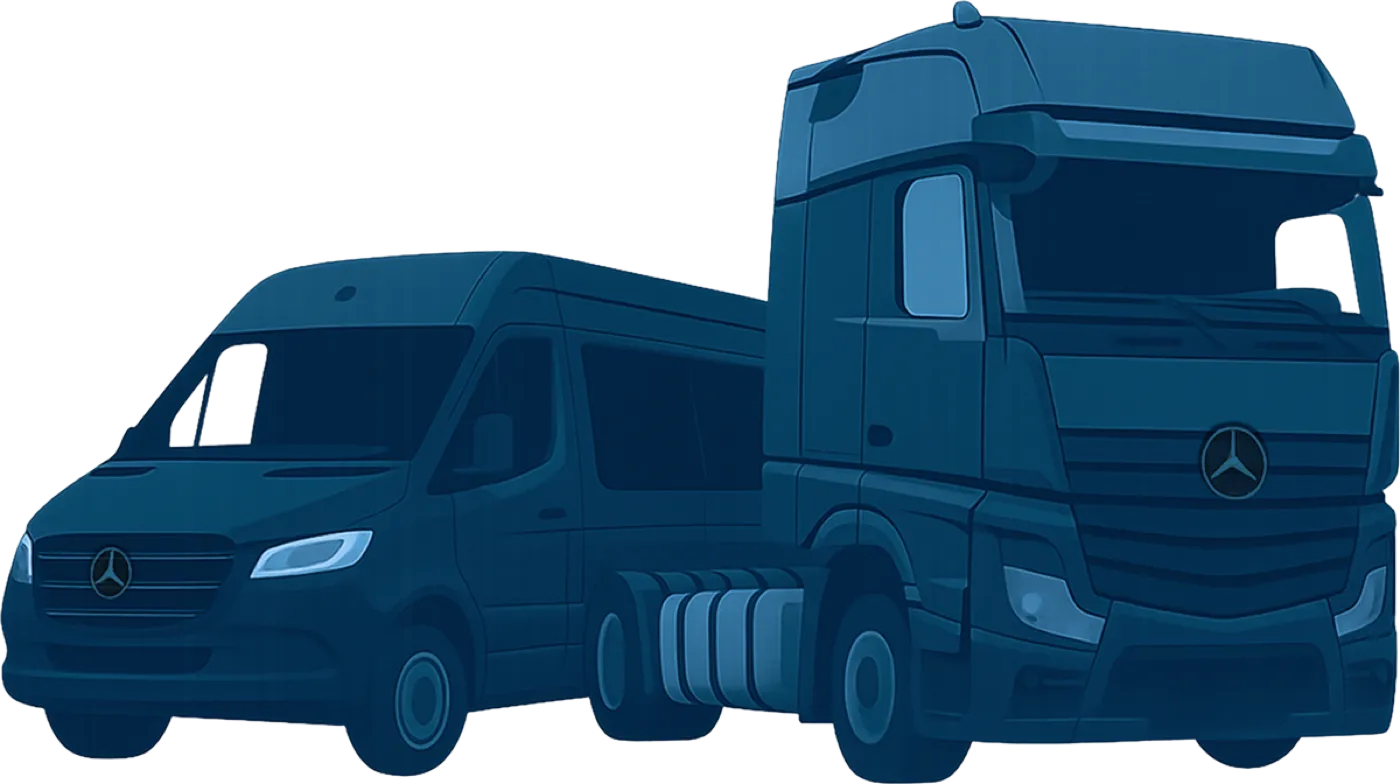 Illustration eines Mercedes-Benz Vans und eines Mercedes-Benz Lkw nebeneinander.